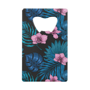 Orchids and palm leaves, pink and blue on black credit card bottle opener