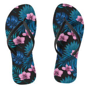 Orchids and palm leaves, pink and blue on black flip flops