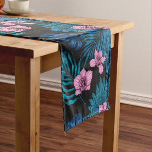 Orchids and palm leaves, pink and blue on black short table runner