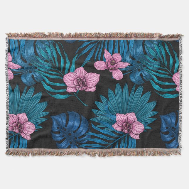 Orchids and palm leaves, pink and blue on black throw blanket (Front)