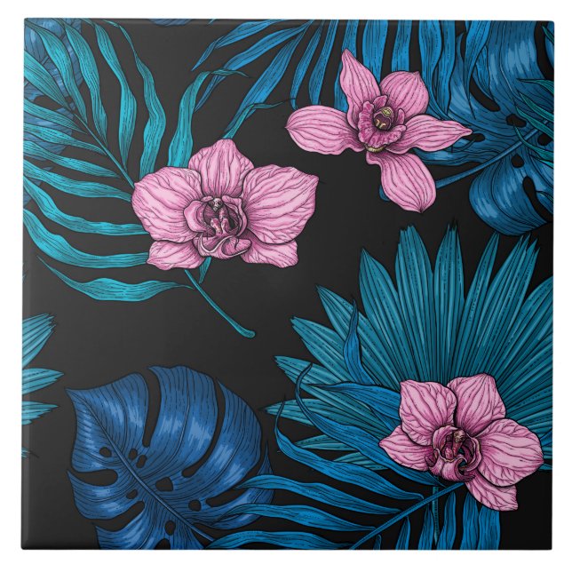 Orchids and palm leaves, pink and blue on black tile (Front)