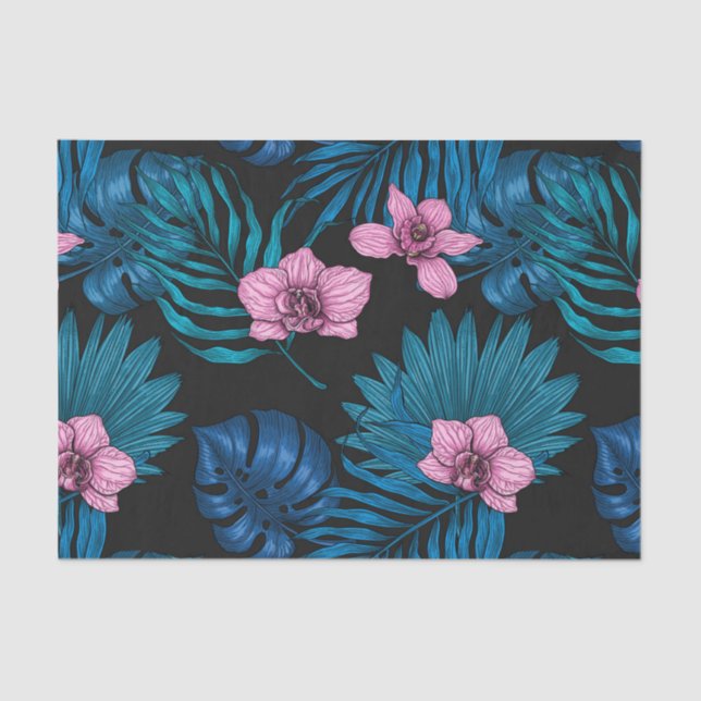 Orchids and palm leaves, pink and blue on black tissue paper (Front)