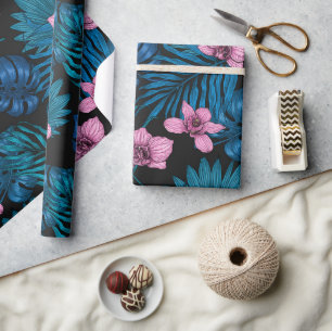 Orchids and palm leaves, pink and blue on black wrapping paper