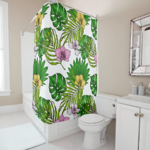 Orchids and palm leaves, pink, yellow, green and w