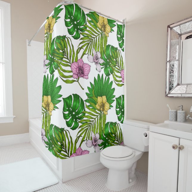 Orchids and palm leaves, pink, yellow, green and w (In Situ)