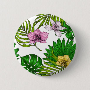 Orchids and palm leaves, pink, yellow, green and w 2 inch round button