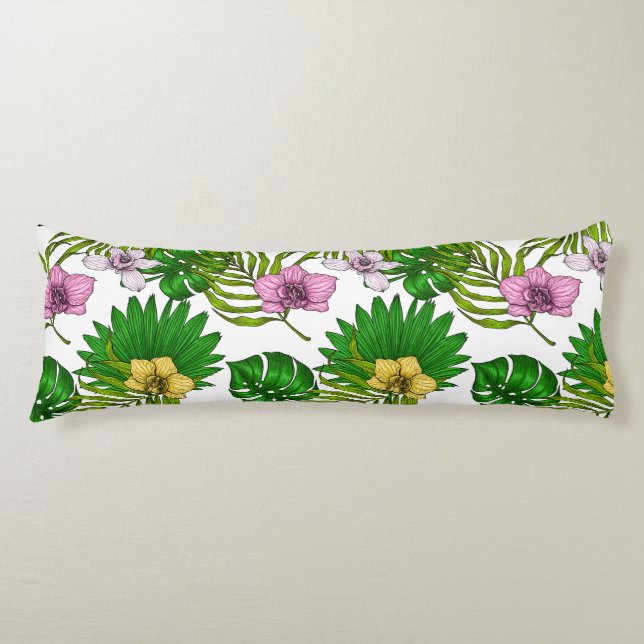 Orchids and palm leaves, pink, yellow, green and w body pillow (Front)