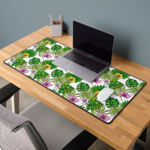 Orchids and palm leaves, pink, yellow, green and w desk mat