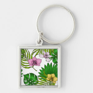 Orchids and palm leaves, pink, yellow, green and w keychain