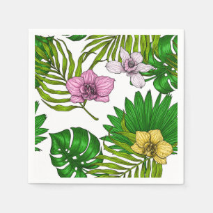 Orchids and palm leaves, pink, yellow, green and w napkin