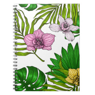 Orchids and palm leaves, pink, yellow, green and w notebook