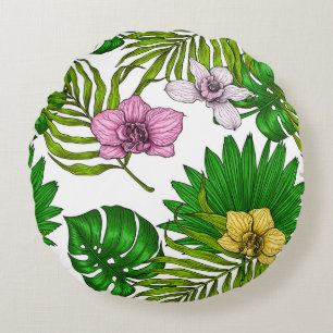 Orchids and palm leaves, pink, yellow, green and w round pillow