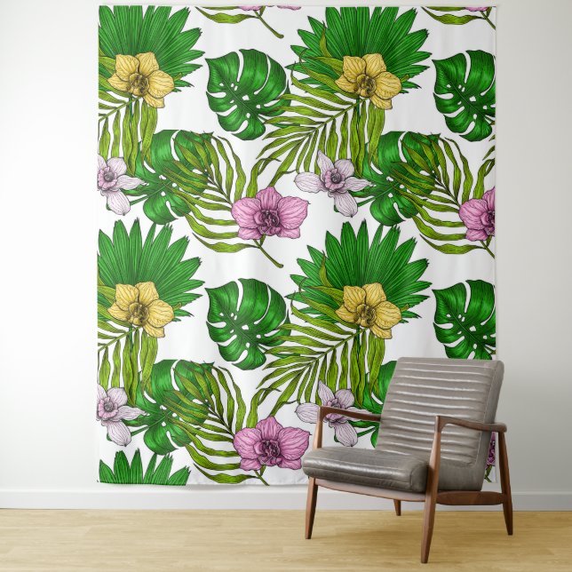 Orchids and palm leaves, pink, yellow, green and w tapestry (In Situ)