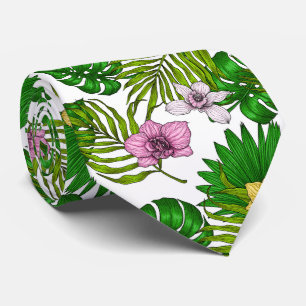 Orchids and palm leaves, pink, yellow, green and w tie