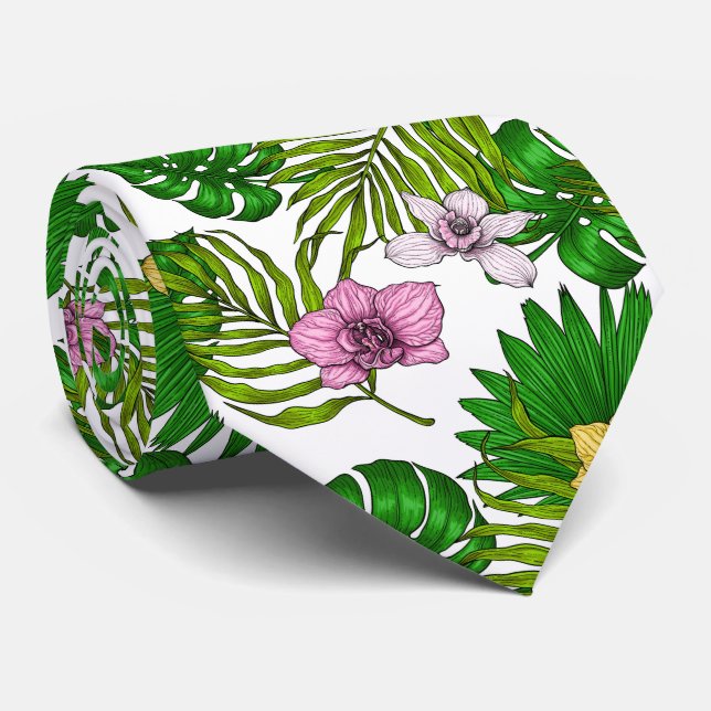 Orchids and palm leaves, pink, yellow, green and w tie (Rolled)