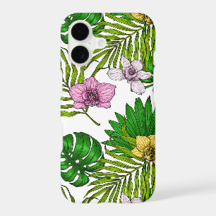 Orchids and palm leaves, rose, yellow, green et w