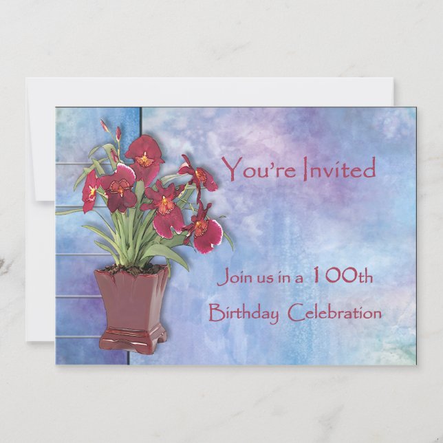 Orchids and Watercolor 100th Birthday Invitation (Front)