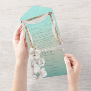 Orchids & Boho Arch on the Beach Wedding All In One Invitation