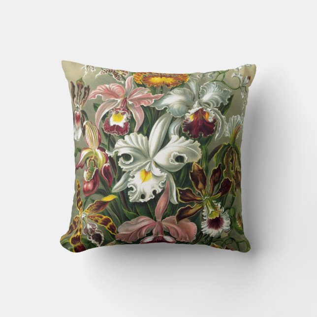 ORCHIDS: ERNST HAECKEL RETRO FLORAL PATTERN THROW PILLOW (Front)