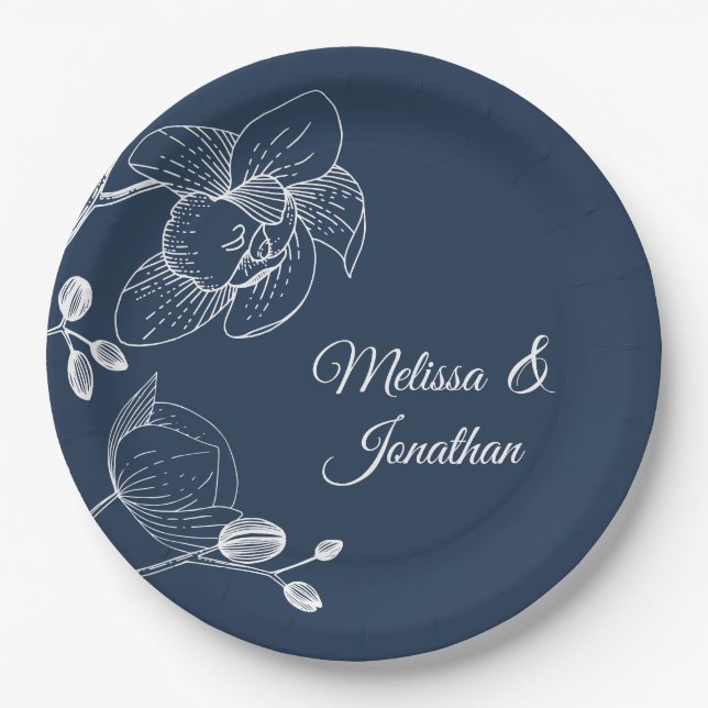 Orchids floral modern blue elegant wedding paper plate (Front)