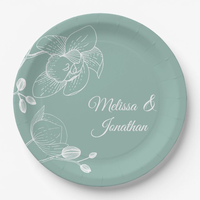 Orchids floral modern green elegant wedding paper plate (Front)