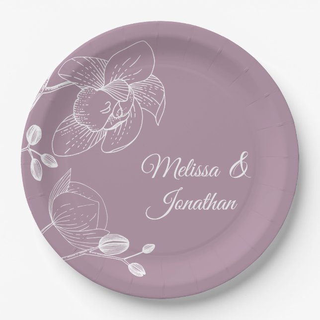 Orchids floral modern purple elegant wedding  paper plate (Front)