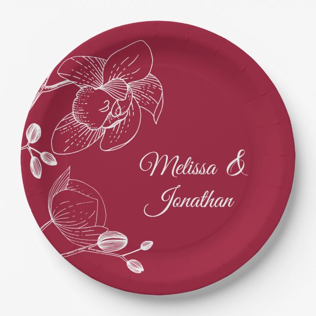 Orchids floral modern red elegant wedding paper plate (Front)