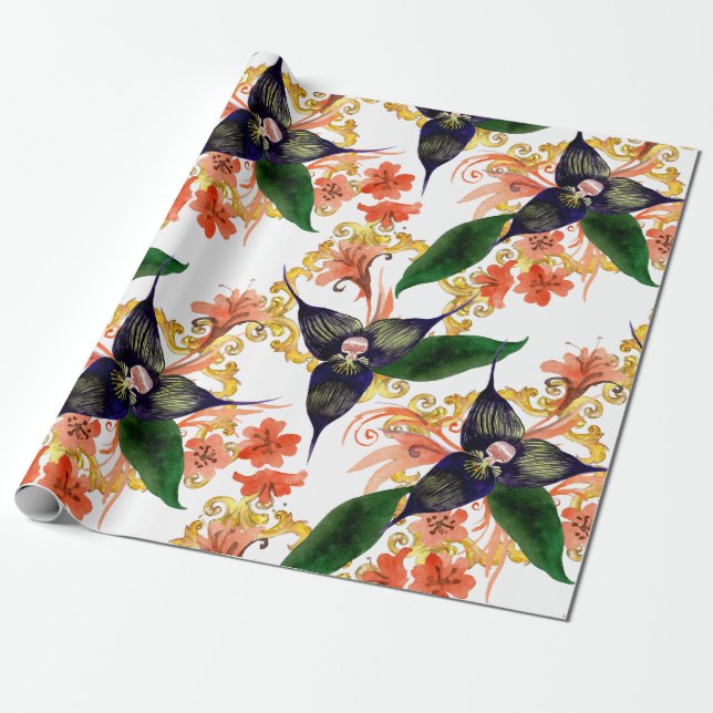 Orchids Flower Watercolor  Wrapping Paper (Unrolled)