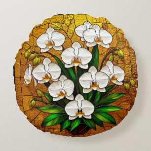 Orchids in a Stained Glass Artwork With Gold Round Pillow