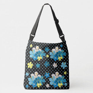Orchids on Blue/Black Polka Dot Crossbody Bag