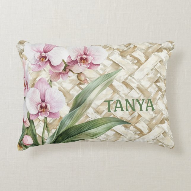 Orchids on Woven Pattern Accent Pillow (Front)