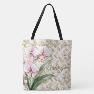 Orchids on Woven Pattern   Personalized Tote Bag