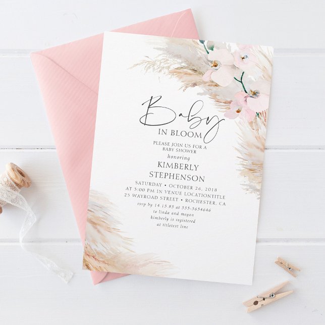 Orchids Pampas Grass Baby in Bloom Baby Shower Inv Invitation (Creator Uploaded)