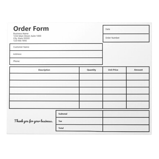 Order Form Black and White Business Template Notepad (Front)