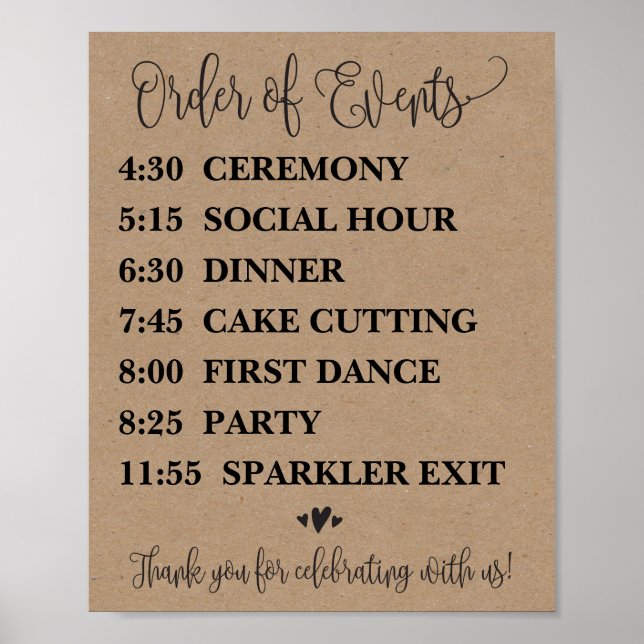Order of Events Wedding Schedule Sign (Front)