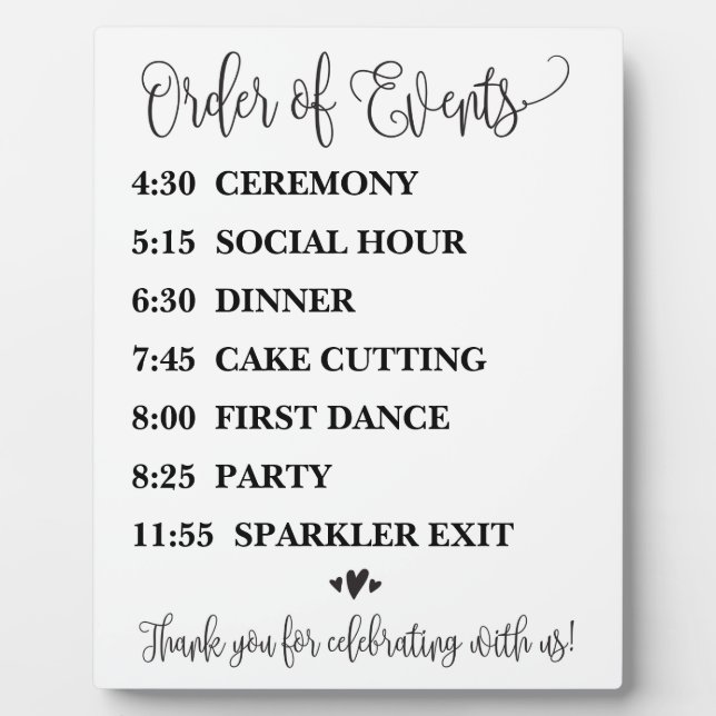 Order of Events Wedding Schedule Sign Plaque (Front)