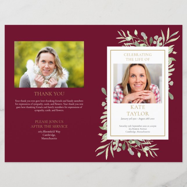 Order Of Service Greenery Funeral Memorial Program (Front)