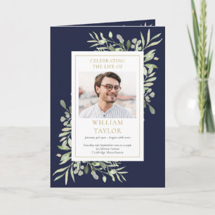 Order Of Service Greenery Funeral Navy Blue Program