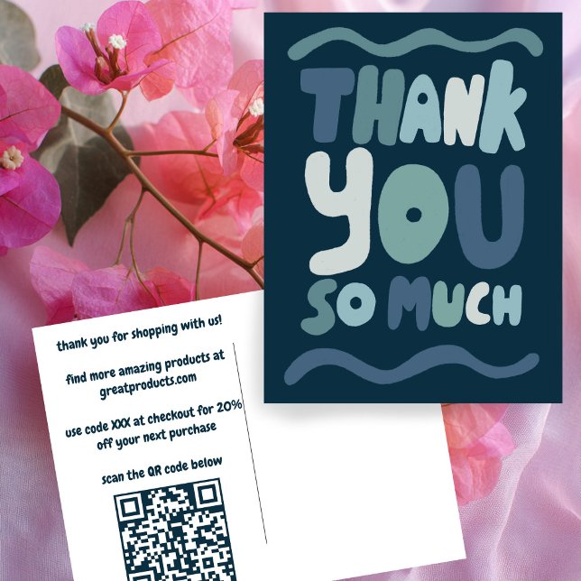 Order THANK YOU Blue Curvy Bubbleletters Custom QR Postcard (Order THANK YOU Blue Curvy Bubble letters Custom QR Code Customer Gratitude Packaging Postcard
)