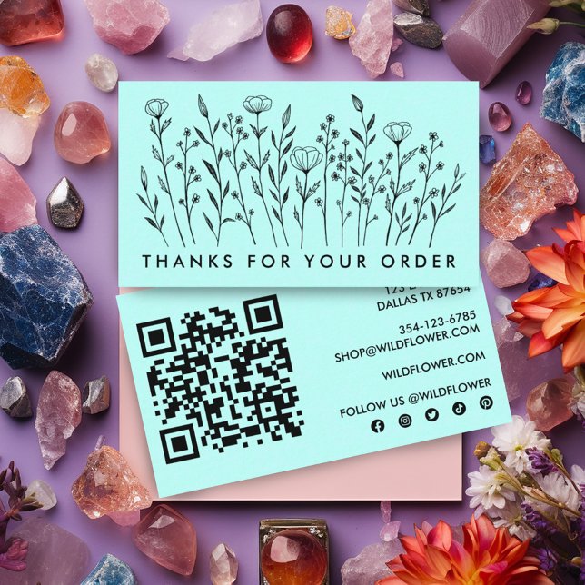 ORDER THANKS Wildflowers QR Code Social Icons  Business Card (Custom QR code and social icons on this thank you for your order card with botanical wildflowers art)