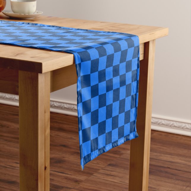 Orderly Blue Chequerboard Pattern Short Table Runner (In Situ)