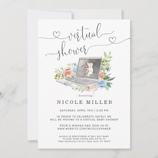 Ordinateur portable Floral | Invitation au Baby sh (Devant)