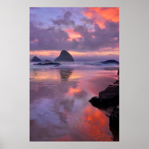 Oregon beach and sea stacks, sunset poster