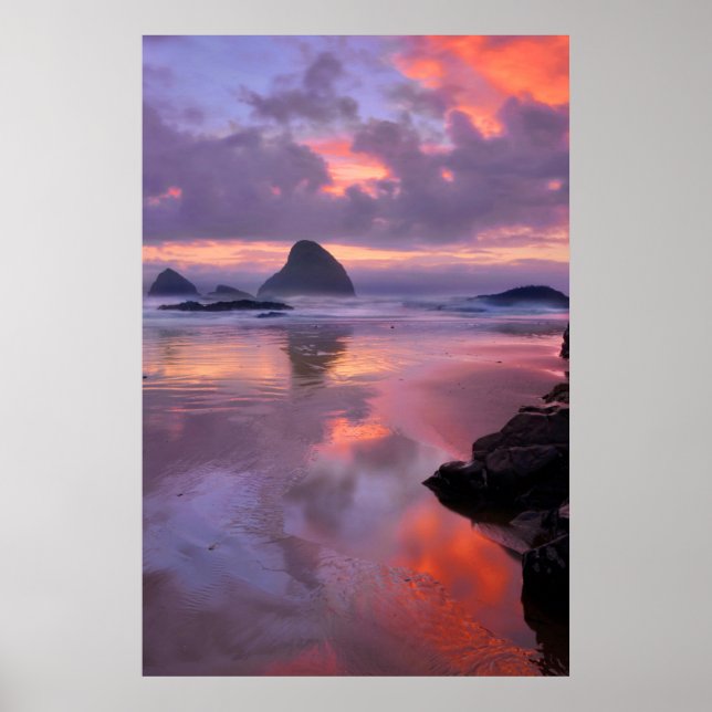 Oregon beach and sea stacks, sunset poster (Front)