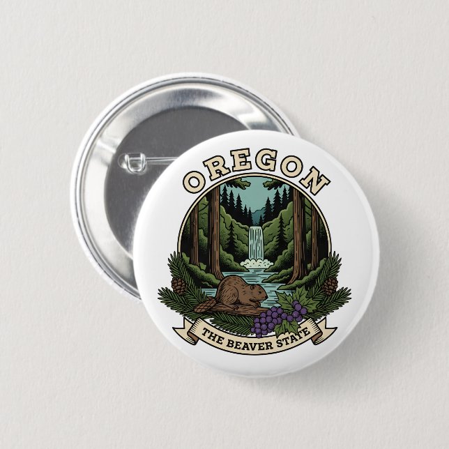 Oregon Beaver State Forest & Waterfall Emblem 2 Inch Round Button (Front & Back)