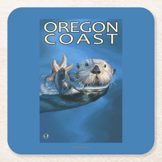 Oregon Coast Sea Otter Square Paper Coaster (Front)
