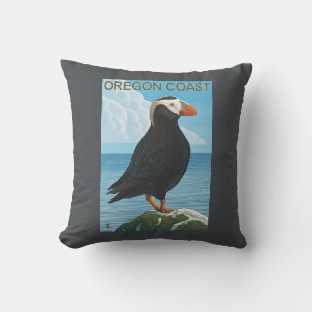 Oregon Coast Tufted Puffin Throw Pillow (Front)