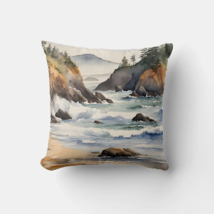 Oregon Coast Watercolor Beach Scene Throw Pillow