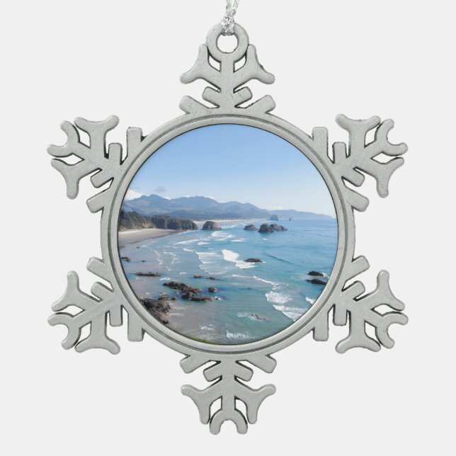 Oregon Coastal Viewpoint Snowflake Pewter Christmas Ornament (Front)