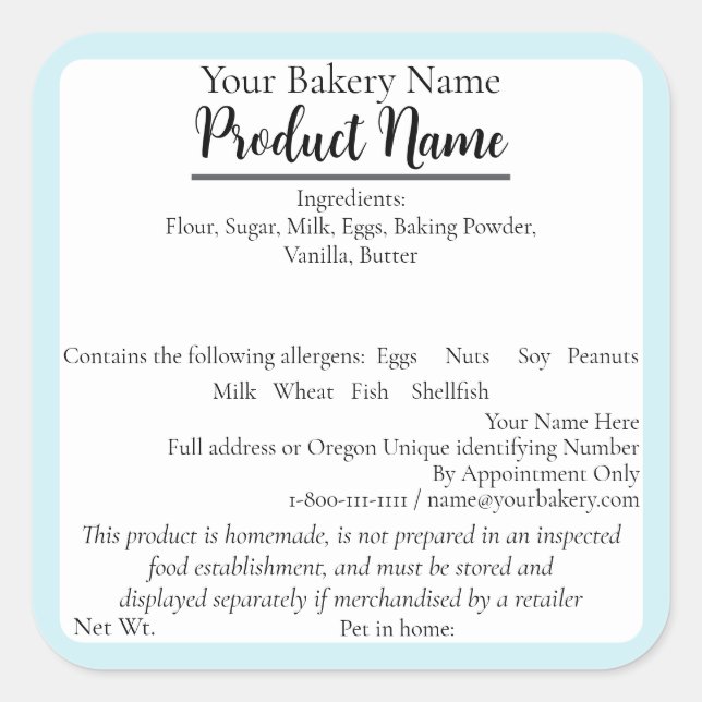 Oregon Cottage Food Business Blue Baking Label (Front)